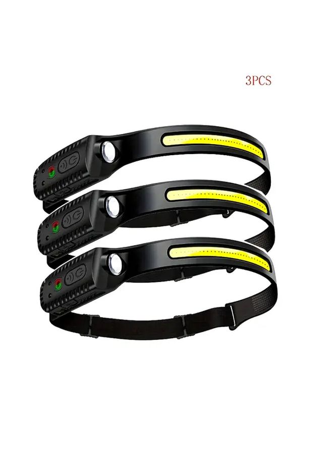 حزمة من 3 مصابيح أمامية قابلة للشحن من نوع COB بقوة 350 لومن مع مستشعر حركة، hands-free للاستخدام الخارجي - Image 1