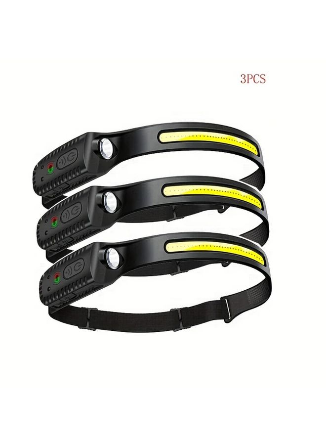 حزمة من 3 مصابيح أمامية قابلة للشحن من نوع COB بقوة 350 لومن مع مستشعر حركة، hands-free للاستخدام الخارجي - Image 3