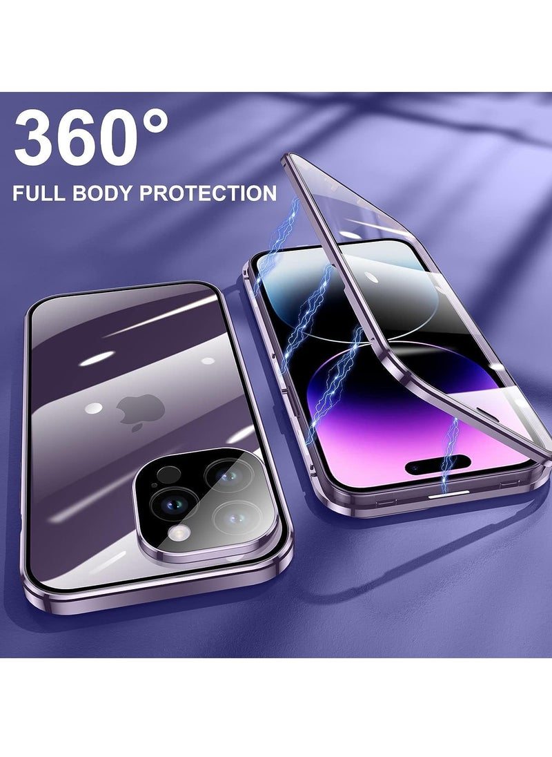 Generic - Anti Peeping Case for iPhone 14 Pro Max, 360 Degree Front and Back Privacy Tempered Glass Cover, Anti SPY Screen, Anti Peep Magnetic Adsorption Metal Bumper for iPhone 14 Pro Max Purple - Image 1