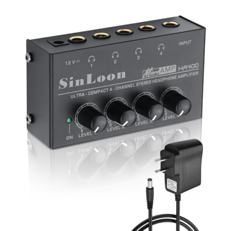 HA400 4-Channel Stereo Headphone Amplifier, Metal Mini Audio Splitter with Independent Volume Control, 1/4" TRS Output and Input, with 12V Adapter for Studio, Stage, PC, Guitar - Image 1