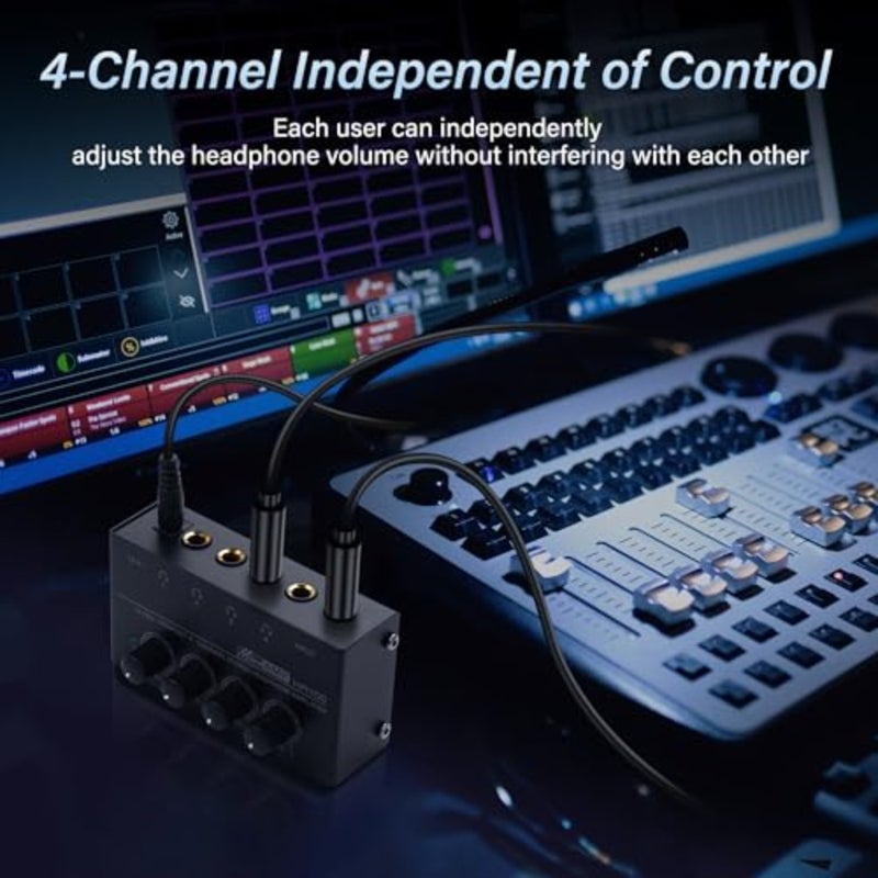 HA400 4-Channel Stereo Headphone Amplifier, Metal Mini Audio Splitter with Independent Volume Control, 1/4" TRS Output and Input, with 12V Adapter for Studio, Stage, PC, Guitar - Image 5
