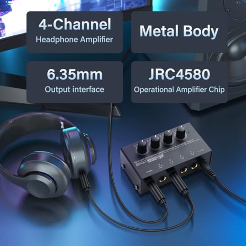 HA400 4-Channel Stereo Headphone Amplifier, Metal Mini Audio Splitter with Independent Volume Control, 1/4" TRS Output and Input, with 12V Adapter for Studio, Stage, PC, Guitar - Image 3