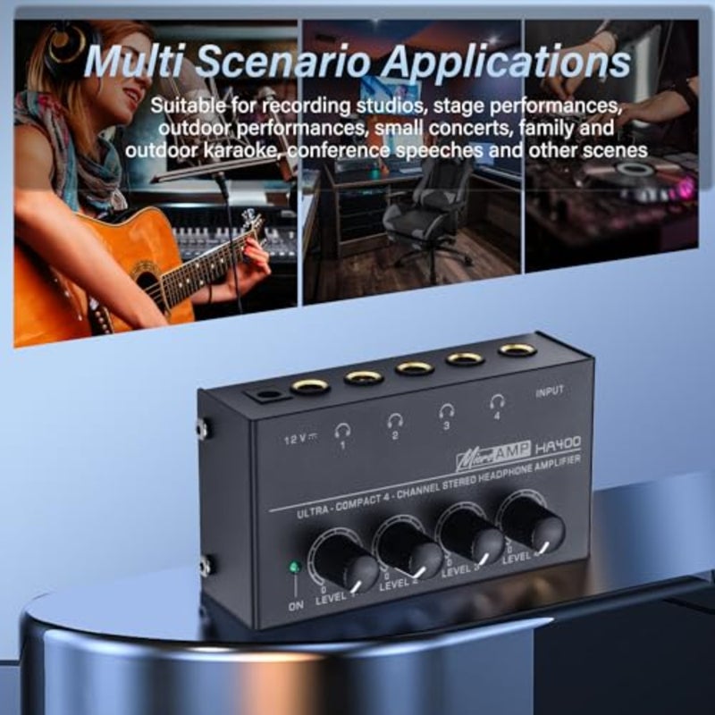HA400 4-Channel Stereo Headphone Amplifier, Metal Mini Audio Splitter with Independent Volume Control, 1/4" TRS Output and Input, with 12V Adapter for Studio, Stage, PC, Guitar - Image 4