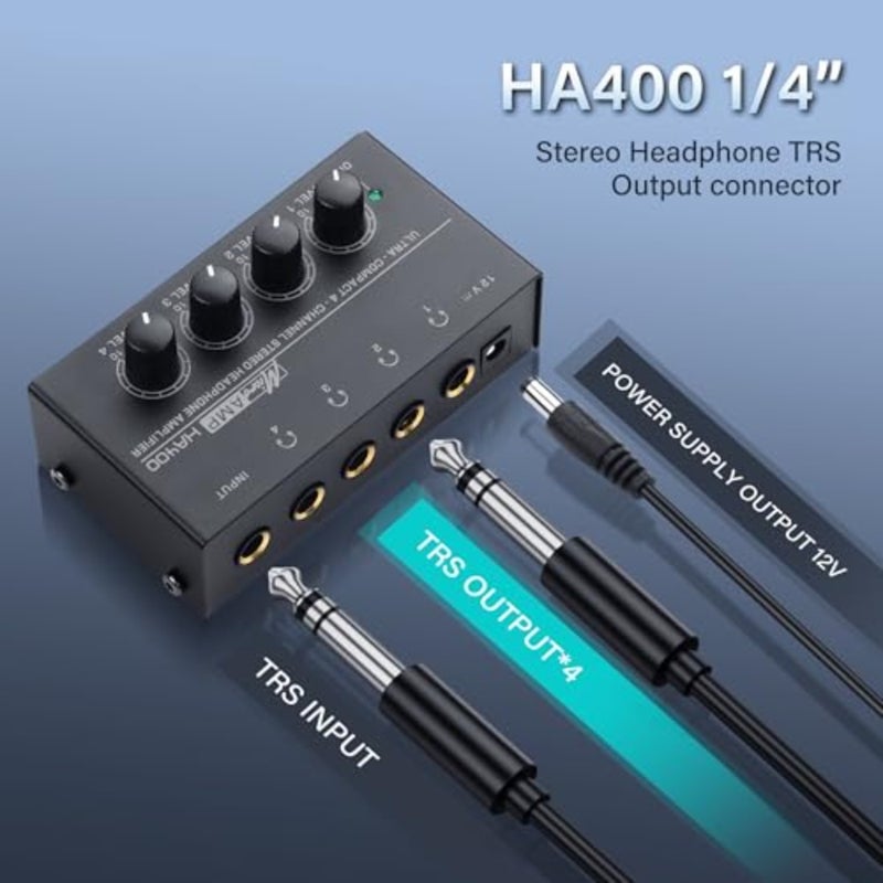 HA400 4-Channel Stereo Headphone Amplifier, Metal Mini Audio Splitter with Independent Volume Control, 1/4" TRS Output and Input, with 12V Adapter for Studio, Stage, PC, Guitar - Image 2