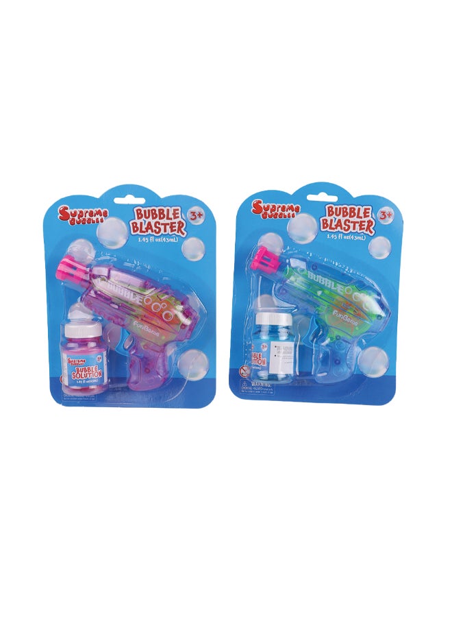 Bubbles FICTION LIGHT UP BUBBLE SHOOTER WITH 45ML BUBBLE SOLUTION,
2*AG3 BUTTON BATTERIES INCLUDED, 2ASTD - Image 1