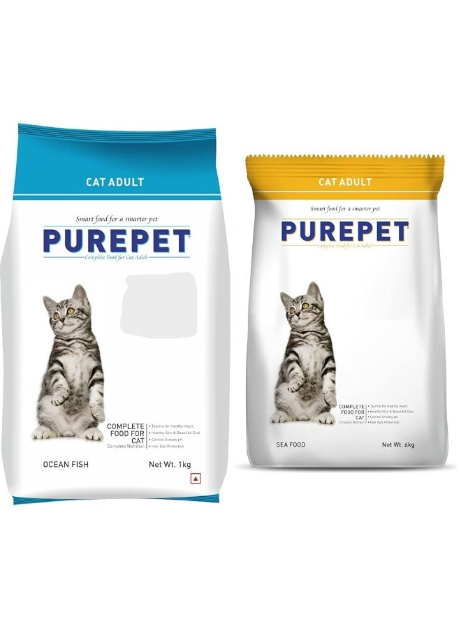 Purepet Adult Dry Cat Food 1kg | Ocean Fish Flavour & Adult Dry Cat Food 6kg | Seafood - Image 1
