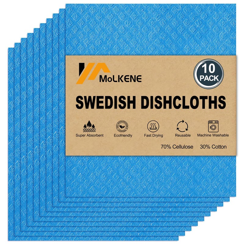 MoLKENE Swedish Dishcloths 10 Pack Reusable Kitchen Dishcloths Ultra Absorbent Dish Towels for Washing Dishes Cellulose Sponge Cloth Cleaning Cloths Blue