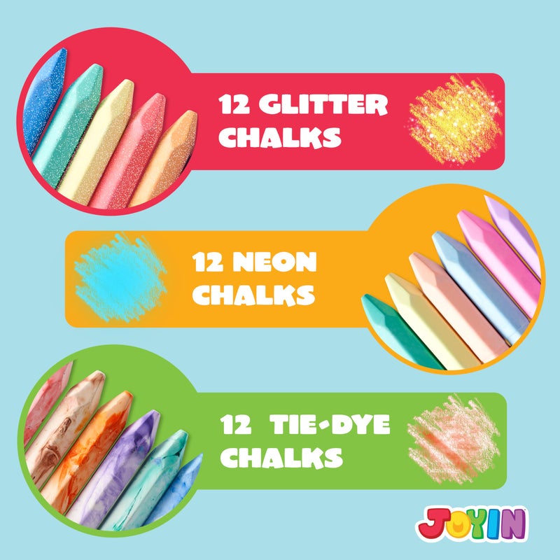 JOYIN 36 PCS Washable Sidewalk Chalks Set in 6 Packs, 18 Colors, Including 12 Tie Dye, 12 Glitter & 12 Neon Color Outdoor Chalks for Painting, Drawing, Gifts for Kids - Image 3