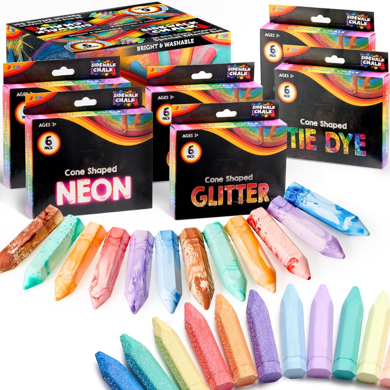 JOYIN 36 PCS Washable Sidewalk Chalks Set in 6 Packs, 18 Colors, Including 12 Tie Dye, 12 Glitter & 12 Neon Color Outdoor Chalks for Painting, Drawing, Gifts for Kids - Image 1