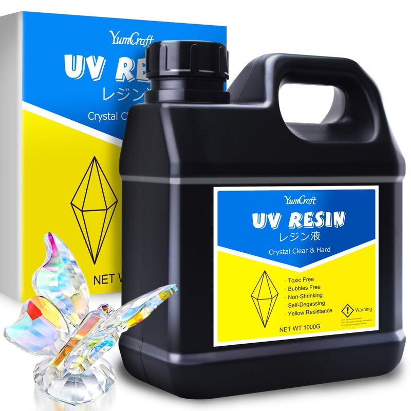 YumCraft راتنج UV 1000 جرام راتنج شفاف قاسي منخفض الرائحة نوع الأشعة فوق البنفسجية لعمل المجوهرات والحرف اليدوية والرسم خالي من الفقاعات الشفافة راتنج الإيبوكسي للتشكيل والتماثيل - Image 3