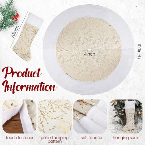 VercanMonth 100 Inch Large Christmas Tree Skirt with Christmas Stocking Gold White Extra Faux Fur Plush Christmas Decorations Tree Base Mat Thick Velvet Rugs for Home Christmas Party Winter Holiday - Image 3