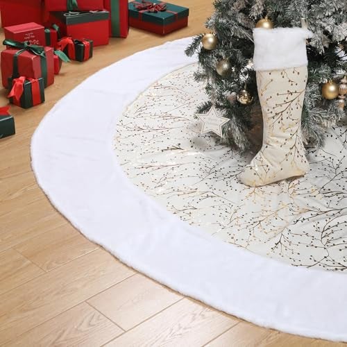 VercanMonth 100 Inch Large Christmas Tree Skirt with Christmas Stocking Gold White Extra Faux Fur Plush Christmas Decorations Tree Base Mat Thick Velvet Rugs for Home Christmas Party Winter Holiday - Image 1