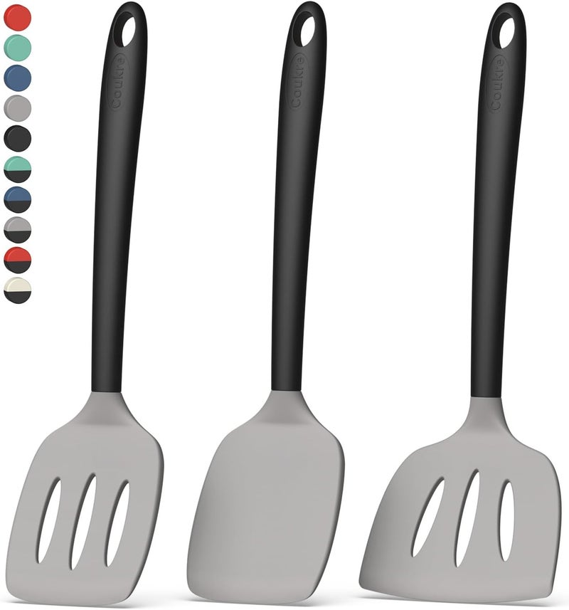 Coukre 3 Pack Silicone Spatula Set, High Heat Resistant, BPA-Free, Fish Spatula, Solid & Slotted Turner for Non-Stick Pans, Flipping Eggs, Pancakes, Fish, Burgers (3, GrayBlack) - Image 1