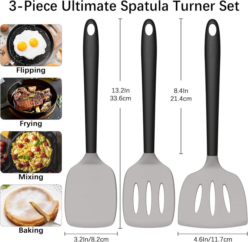Coukre 3 Pack Silicone Spatula Set, High Heat Resistant, BPA-Free, Fish Spatula, Solid & Slotted Turner for Non-Stick Pans, Flipping Eggs, Pancakes, Fish, Burgers (3, GrayBlack) - Image 2