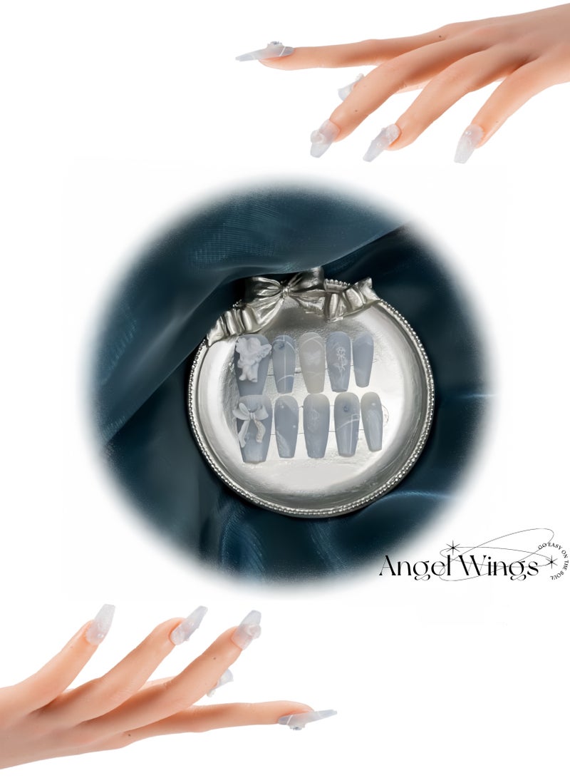 Handmade Fake Nails,Sun&Beam Nails Handmade Press On Nail Coffin Ballerina 3D Accessories Blue Acrylic Fake Tip Design  (Angel Wings) - Image 1