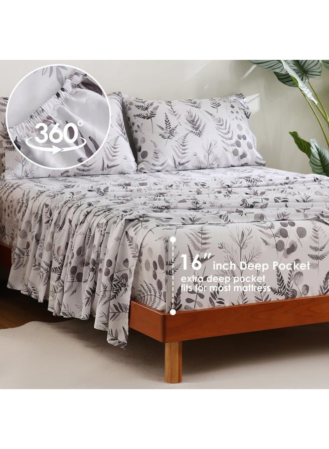 JSD Boho Floral Printed Cotton Sheet Set Full, 300TC Sateen Bed Sheets, White Grey Pattern Beddings Extra Deep Pocket, Soft Breathable - Image 5