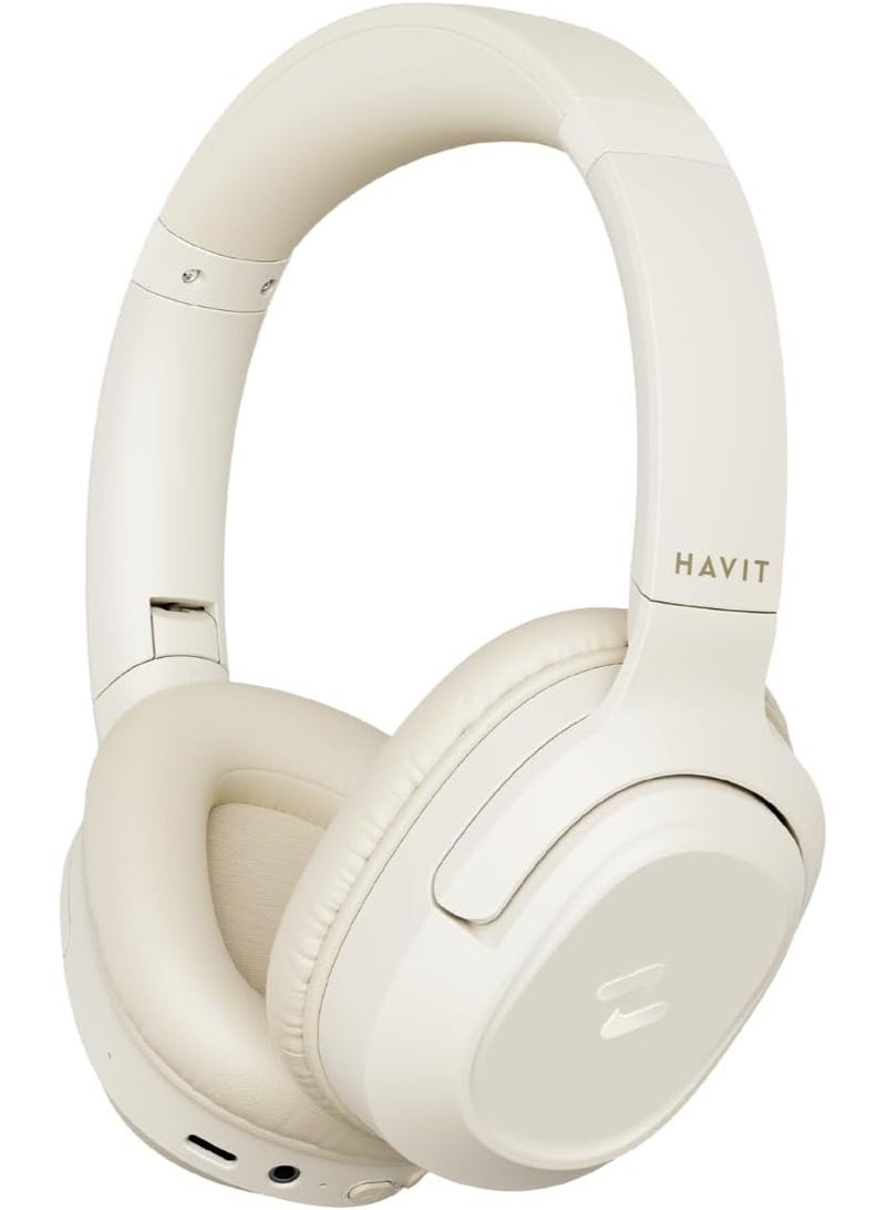 havit H612BT Wireless Bluetooth Headphones with 50H Playtime, Stereo Sound, Foldable Over-Ear Design, USB-C Fast Charging, 40mm Drivers, Built-in Mic, AUX Mode, for Music, Work, Calls, Travel (Beige) - Image 1