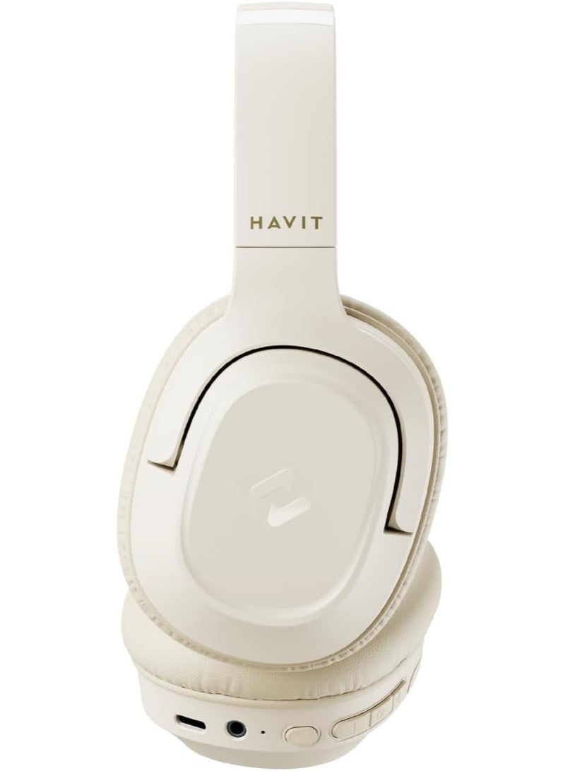 havit H612BT Wireless Bluetooth Headphones with 50H Playtime, Stereo Sound, Foldable Over-Ear Design, USB-C Fast Charging, 40mm Drivers, Built-in Mic, AUX Mode, for Music, Work, Calls, Travel (Beige) - Image 5