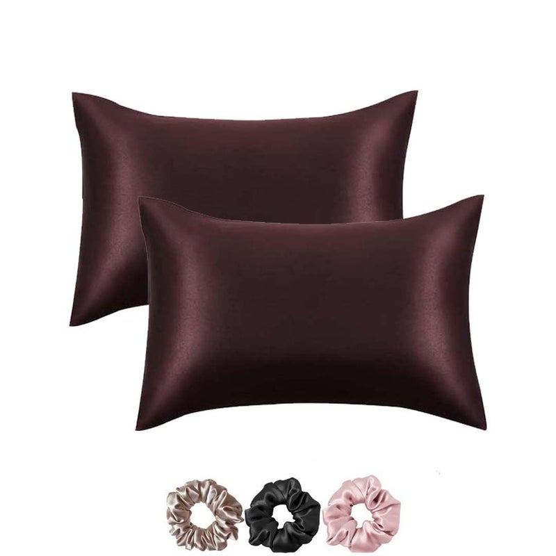 WEXUS WEXUS Luxury Satin Pillow Cover 18x28 Inch - Ultra Soft & Silky Pillowcase for Hair & Skin, Smooth, Breathable, Envelope Closure, Comfortable Sleep 3 PC Multicolor Scrunchies (Wine)  - Image 1