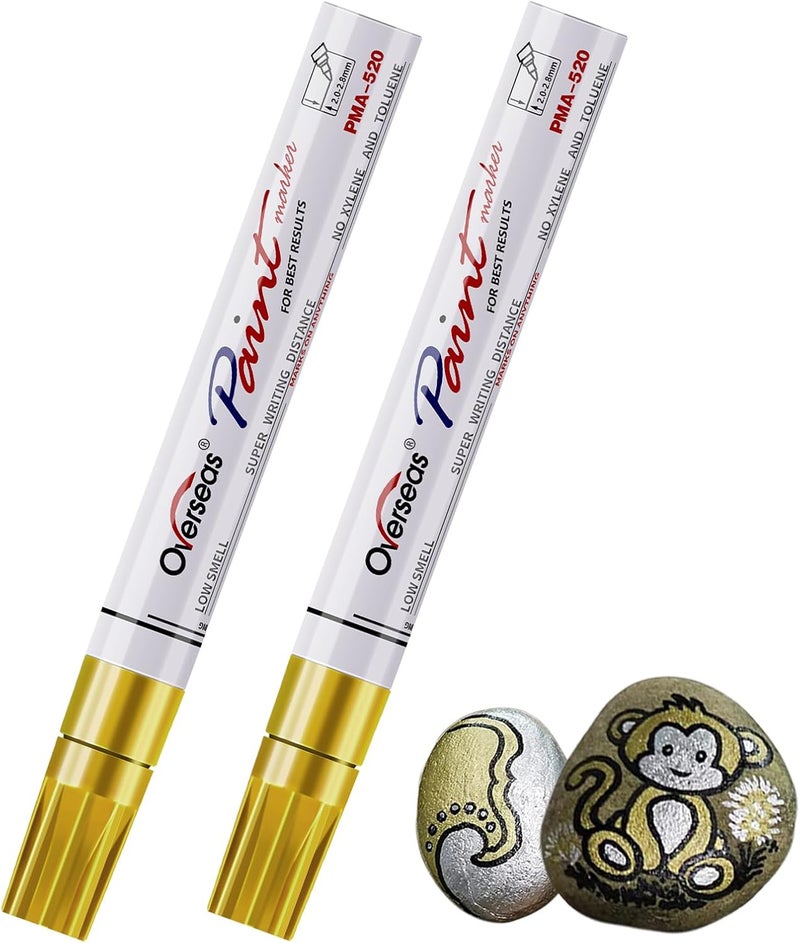 Overseas Permanent Ink Pens with Gold Markers - Pack of 2 Metallic Oil Based Markers, Medium Point, Quick Dry and Waterproof for Metal, Rock Painting, Wood, Plastic, - Image 1