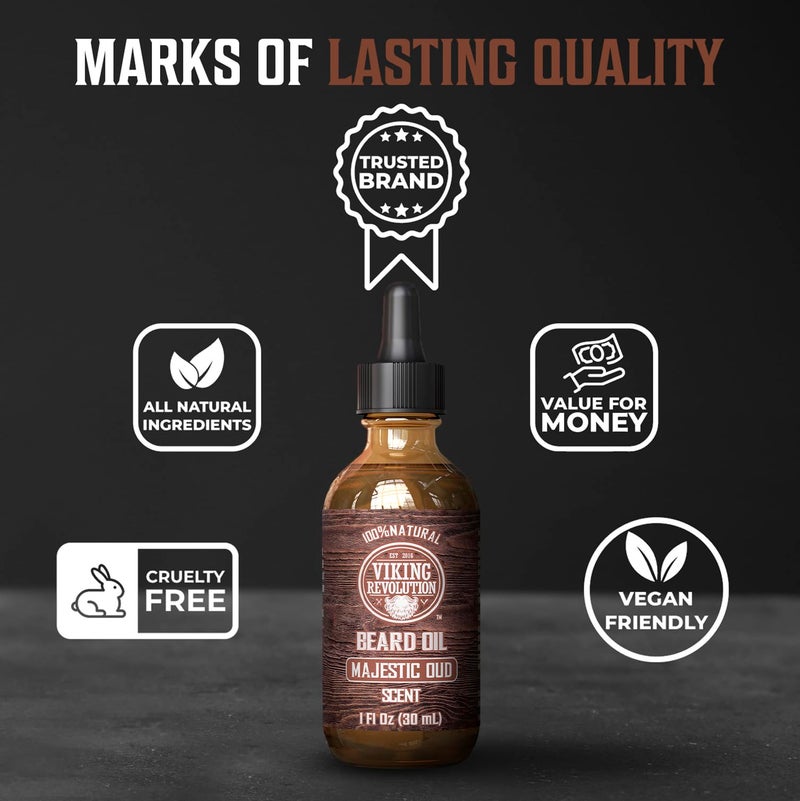 Viking Revolution Majestic Oud Beard Oil for Men - Natural Mens Beard Oil with Argan Oil and Jojoba Oil - Beard Softener, Strengthens and Moisturizes - Beard Conditioner for Men (Majestic Oud,1 Pack) - Image 5