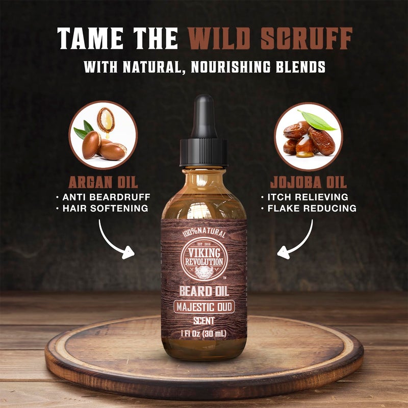 Viking Revolution Majestic Oud Beard Oil for Men - Natural Mens Beard Oil with Argan Oil and Jojoba Oil - Beard Softener, Strengthens and Moisturizes - Beard Conditioner for Men (Majestic Oud,1 Pack) - Image 3