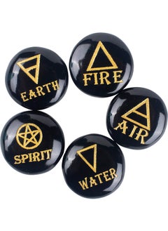 Crocon Crocon 5 Elements Black Tourmaline Stones Round Shape Engraved Triangle Symbols (Earth Air Fire Water Spirit) Polished Palm Stones for Gemstone Reiki Crystals Healing 