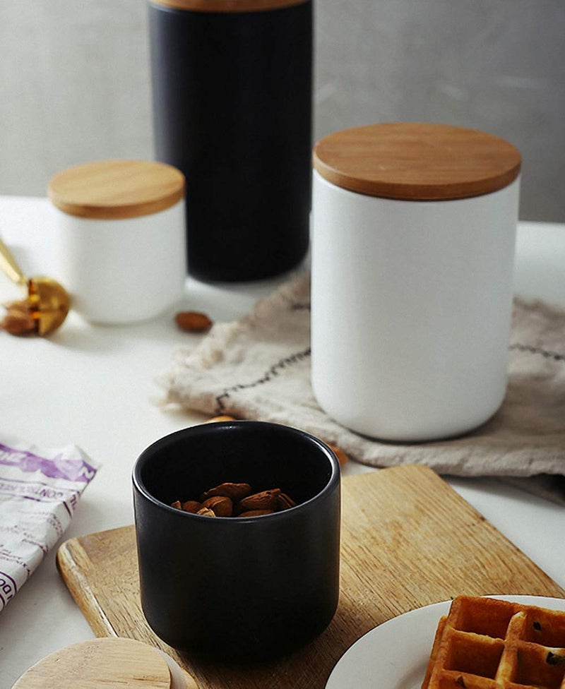 Telotela Pure Color Ceramic Sugar Bowl with Wooden Lid Sugar Dispenser Salt Pepper Storage Jar Pot Sugar Container Seasoning Pot Box Condiment Spice Racks Holder for Home Kitchen Black Small - Image 5