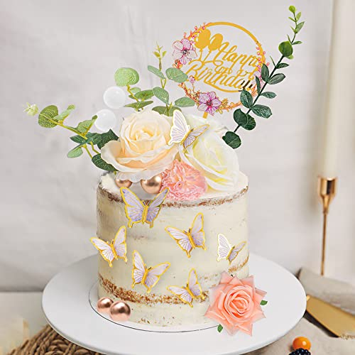 DRWATE 28pcs Flower Cake Topper 3D Butterfly Acrylic Happy Birthday Cake Toppers Artificial Carnation Rose Flowers Eucalyptus Leaves Cake Decorations for Birthday Party Wedding Baby Shower Supplies - Image 1