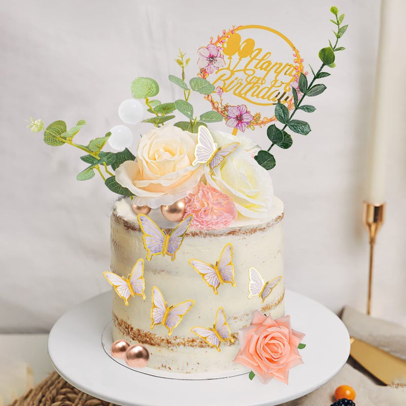 DRWATE 28pcs Flower Cake Topper 3D Butterfly Acrylic Happy Birthday Cake Toppers Artificial Carnation Rose Flowers Eucalyptus Leaves Cake Decorations for Birthday Party Wedding Baby Shower Supplies - Image 2