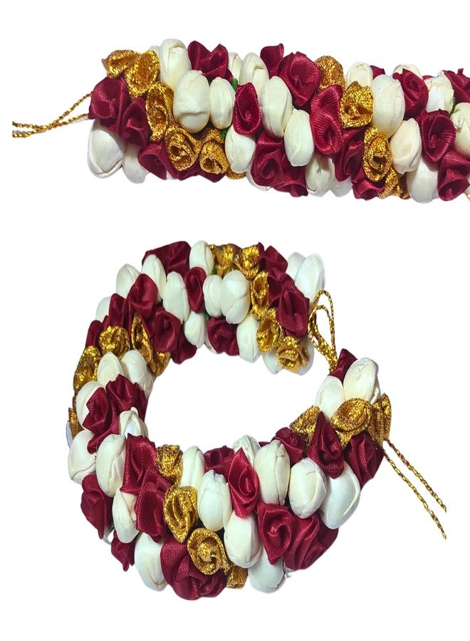 Ervio Beautiful Artificial Flower Gajra Bun Juda Maker Flower Gajra Hair Accessories For Women and Girls Wedding Bridal Bun Decoration White Maroon Gold Mix Veni - Image 4