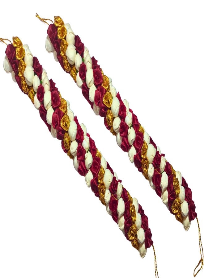 Ervio Beautiful Artificial Flower Gajra Bun Juda Maker Flower Gajra Hair Accessories For Women and Girls Wedding Bridal Bun Decoration White Maroon Gold Mix Veni - Image 2