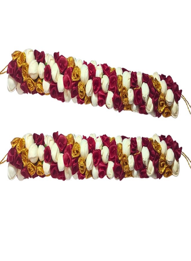 Ervio Beautiful Artificial Flower Gajra Bun Juda Maker Flower Gajra Hair Accessories For Women and Girls Wedding Bridal Bun Decoration White Maroon Gold Mix Veni - Image 3