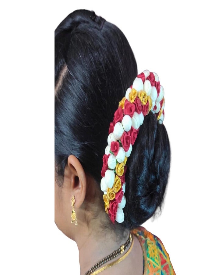 Ervio Beautiful Artificial Flower Gajra Bun Juda Maker Flower Gajra Hair Accessories For Women and Girls Wedding Bridal Bun Decoration White Maroon Gold Mix Veni - Image 5