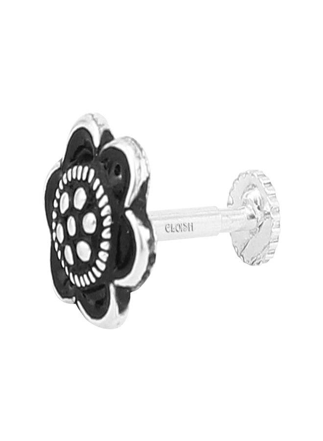 ELOISH Thin Flower Design Oxidized 92.5 Sterling Silver Nose Pin for Women .92.5% Pure Silver Oxidised Nose Pin for Girls with Back Push Design (FLORAL OXIDISED) - Image 1