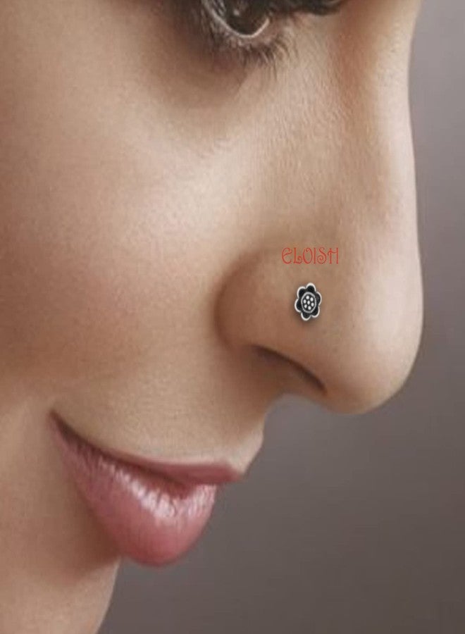 ELOISH Thin Flower Design Oxidized 92.5 Sterling Silver Nose Pin for Women .92.5% Pure Silver Oxidised Nose Pin for Girls with Back Push Design (FLORAL OXIDISED) - Image 2