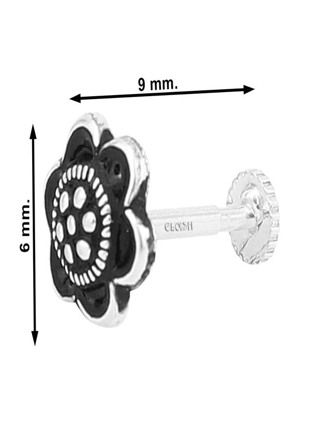 ELOISH Thin Flower Design Oxidized 92.5 Sterling Silver Nose Pin for Women .92.5% Pure Silver Oxidised Nose Pin for Girls with Back Push Design (FLORAL OXIDISED) - Image 3