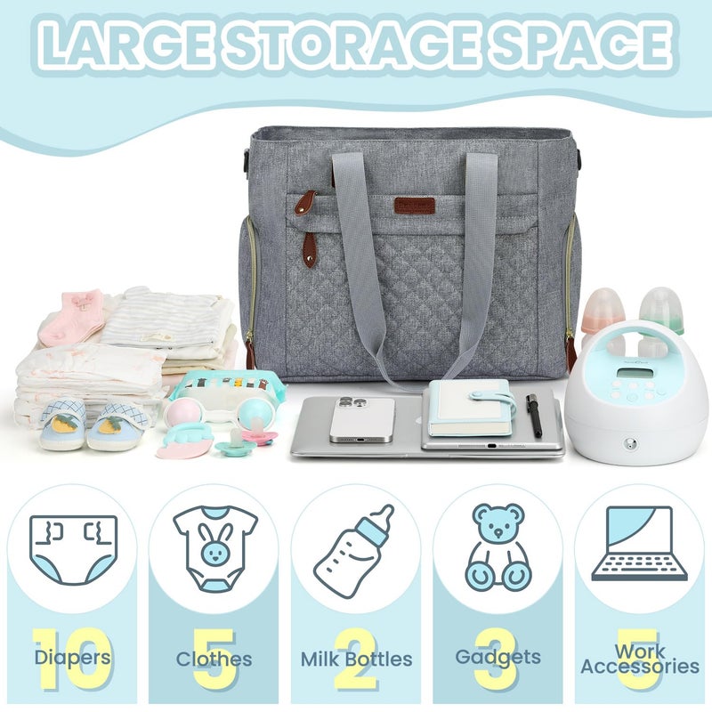 Pritent Diaper Bag Tote for Working Mom, Large Travel Diaper Tote for Mom and Dad with 14 Inch Laptop Sleeve, Mommy Maternity Travel Baby Bag for Boys and Girls, Grey - Image 2