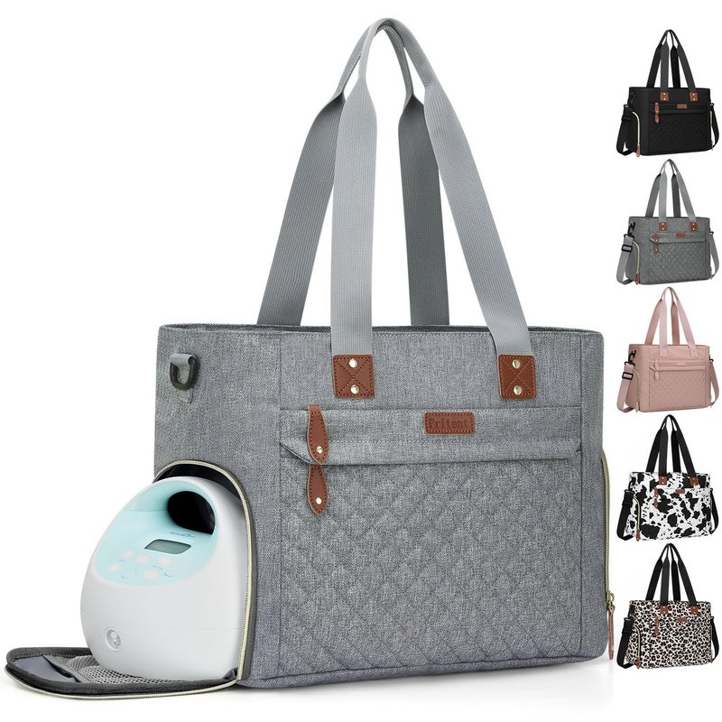 Pritent Diaper Bag Tote for Working Mom, Large Travel Diaper Tote for Mom and Dad with 14 Inch Laptop Sleeve, Mommy Maternity Travel Baby Bag for Boys and Girls, Grey - Image 1