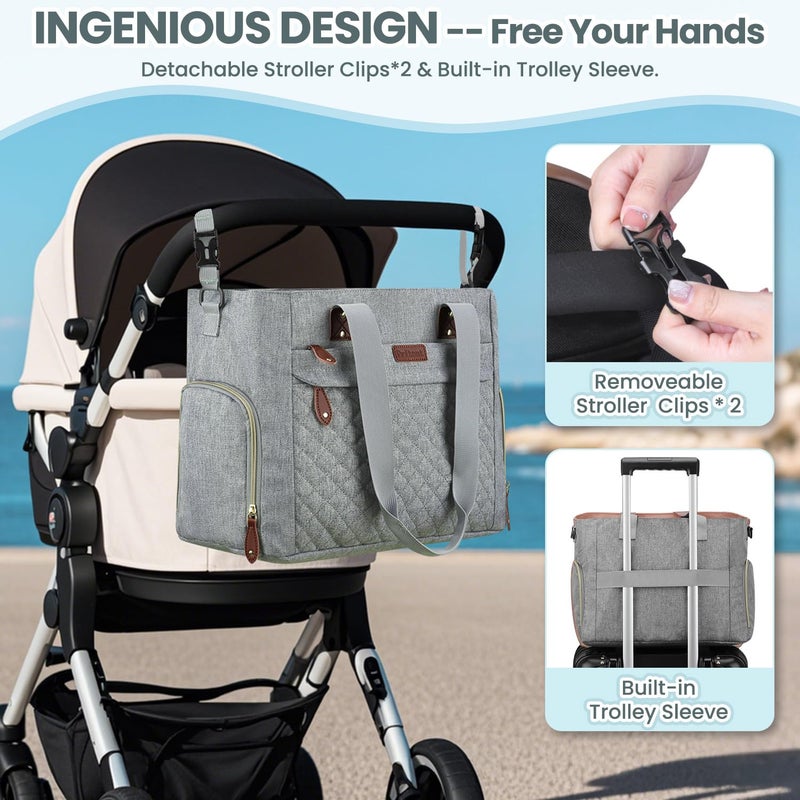 Pritent Diaper Bag Tote for Working Mom, Large Travel Diaper Tote for Mom and Dad with 14 Inch Laptop Sleeve, Mommy Maternity Travel Baby Bag for Boys and Girls, Grey - Image 5