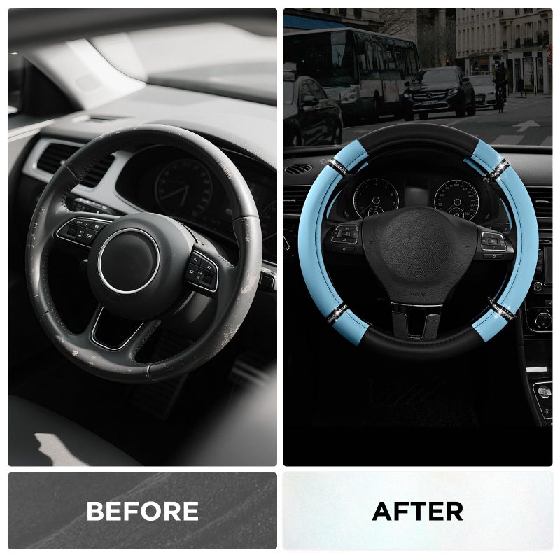 Road Comforts Road Comfort Leather Steering Wheel Cover â€“ Premium Anti-Slip Car Steering Wheel Grip Cover â€“ Universal Fit for 14.5â€â€“15.5â€ Cars, Trucks & SUVs - Blue - Image 3