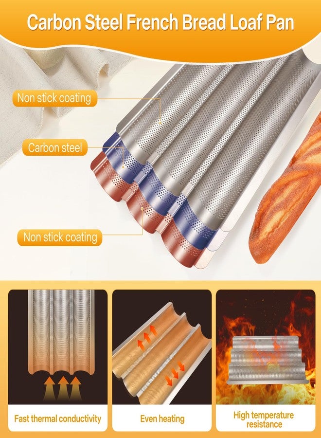 Barlket صينية خبز باغيت مثقبة من بارلكيت، عبوة من قطعتين، مقاس 15×11 بوصة، صينية خبز فرنسي بثلاث موجات، غير لاصقة، آمنة للاستخدام في فرن التحميص، صينية صنع خبز باغيت منزلي الصنع من العجين المخمر، للحصول على قشرة ذهبية مقرمشة، لون ذهبي - Image 3