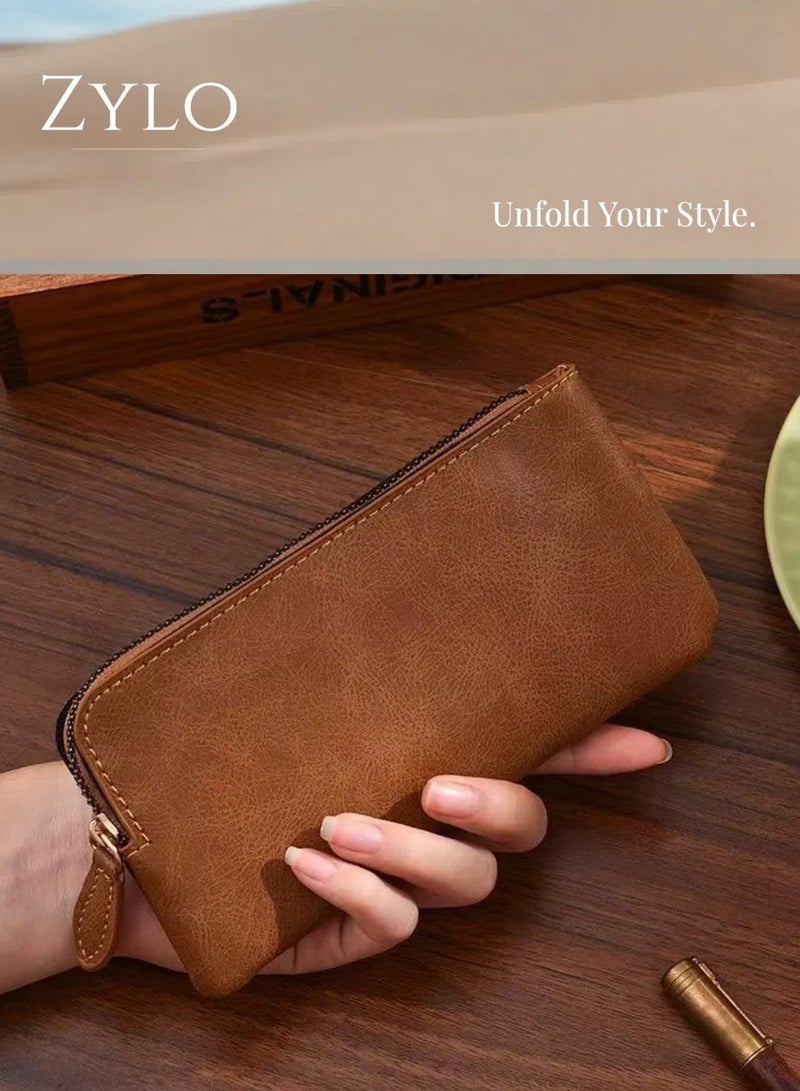 Zylo Leather Clutch Wallet for Women or Men with Zip, Hand Strap, Large Capacity. (Brown)  - Image 1