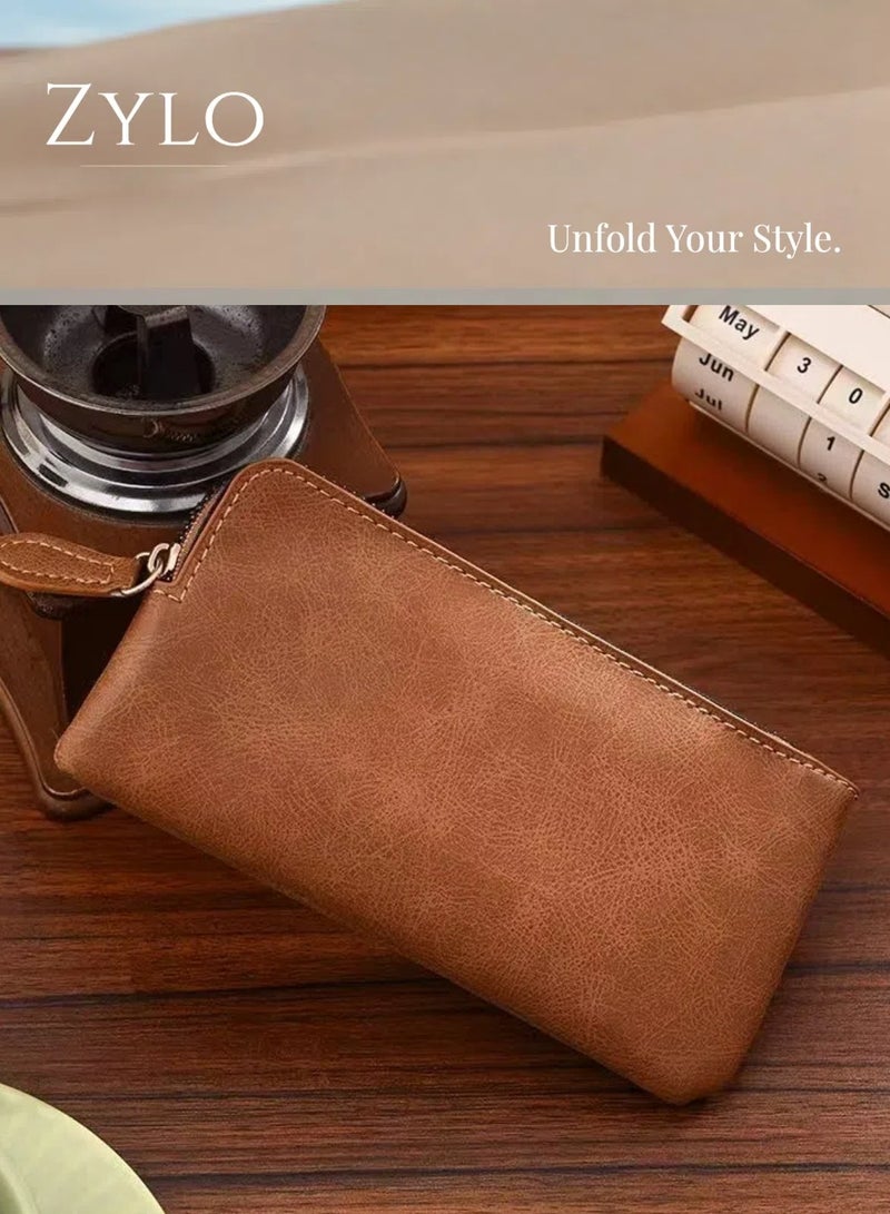 Zylo Leather Clutch Wallet for Women or Men with Zip, Hand Strap, Large Capacity. (Brown)  - Image 4