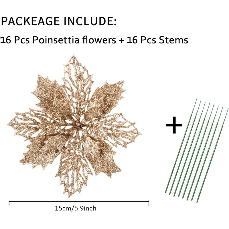 Wironlst 16 Pcs Glitter Poinsettia Flowers Artificial - Christmas Champagne Poinsettia Decorations Tree Flowers Ornaments for Xmas/Holiday/Seasonal/Wedding Decor - Image 2