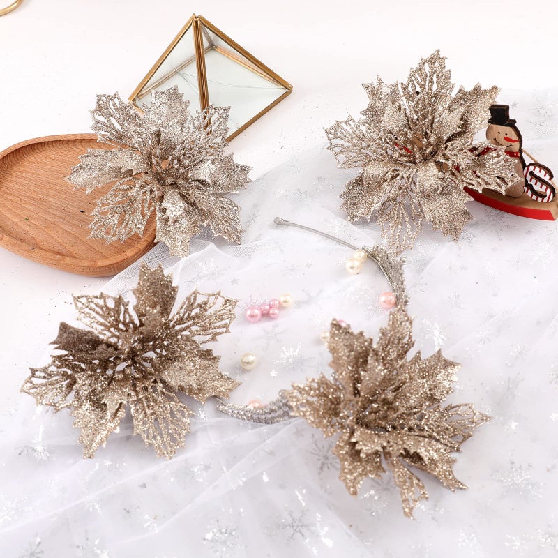 Wironlst 16 Pcs Glitter Poinsettia Flowers Artificial - Christmas Champagne Poinsettia Decorations Tree Flowers Ornaments for Xmas/Holiday/Seasonal/Wedding Decor - Image 5