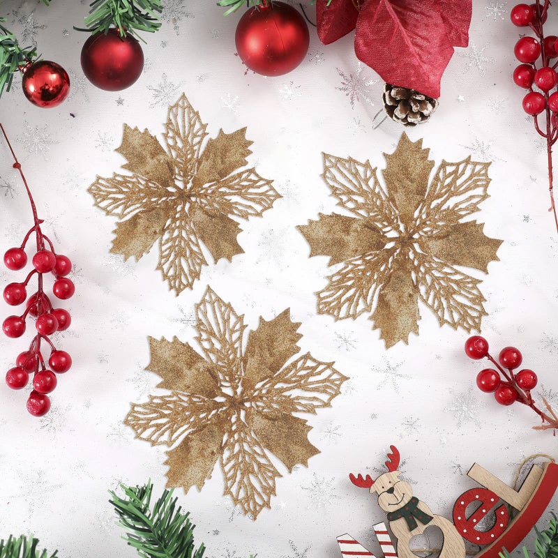 Wironlst 16 Pcs Glitter Poinsettia Flowers Artificial - Christmas Champagne Poinsettia Decorations Tree Flowers Ornaments for Xmas/Holiday/Seasonal/Wedding Decor - Image 3