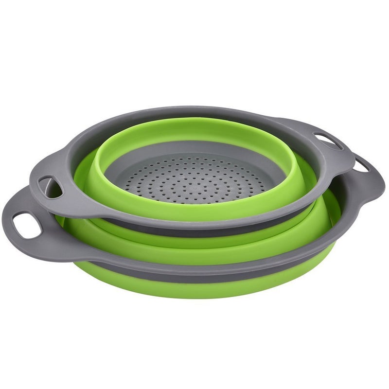 Colander Set Kitchen Foldable Silicone Filter Environmentally Friendly NonToxic Easy to Clean 2 Sizes Including 8inch and 95inch Green