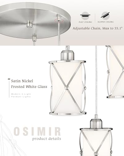 Osimir Brushed Nickel Dining Room Chandelier Light Fixture, 3-Light Pendant Lighting with Frosted Glass, Modern Kitchen Island Cluster Hanging Pendant Lights for Sink, CH9176BNW3 - Image 2