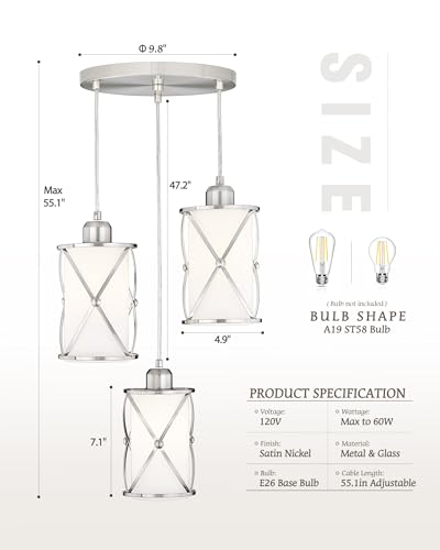 Osimir Brushed Nickel Dining Room Chandelier Light Fixture, 3-Light Pendant Lighting with Frosted Glass, Modern Kitchen Island Cluster Hanging Pendant Lights for Sink, CH9176BNW3 - Image 3